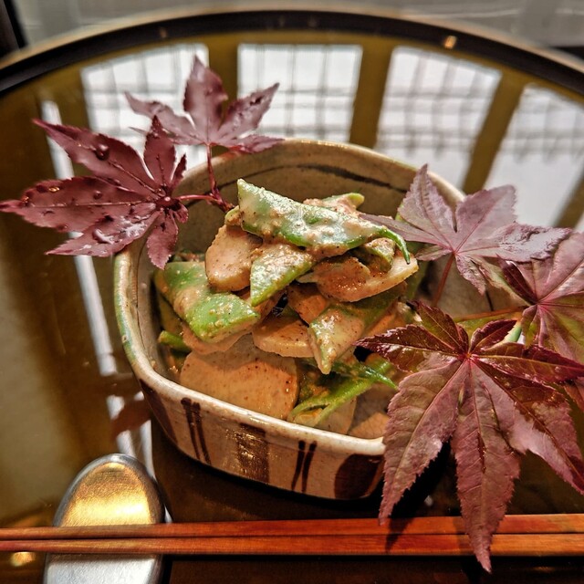 秋縞ささげとマコモタケ胡麻酢和え